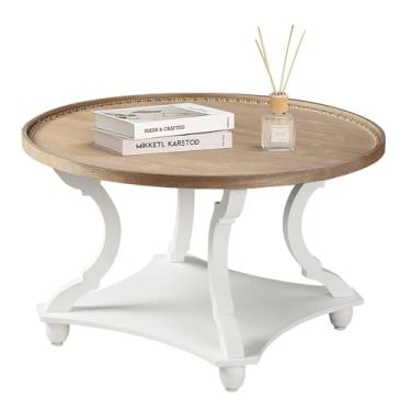 Imagem de Wnutrees Mesa de centro redonda Farmhouse, bandeja de madeira mesa de centro circular com prateleira de armazenamento estilo rústico para sala de estar e acabamento vintage, branca