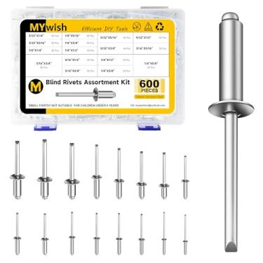 Imagem de Mywish Kit sortido de rebites profissionais de aço de alumínio 600 peças, 16 tamanhos 3/81.3 cm 1/20.3 cm 5/81.3 cm 3/40.6 cm 1/10.2 cm punho de alumínio e mandril de aço, rebites abertos para metal