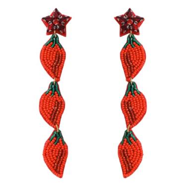 Imagem de Brincos femininos com pingente de pimenta com contas vermelhas, brincos de 3 pimentões de contas longas, joia festiva de festa mexicana feita à mão para Taco Tuesday tema de pimenta de cinco de maio