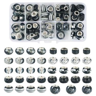 Imagem de Spritewelry 67 peças de contas europeias de vidro 14 mm contas de furo grande resina preta argila strass sortidas Rondelle espaçador contas para artesanato DIY colar pulseira colar brinco orifício: 5