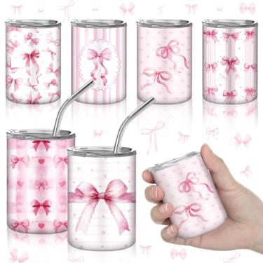 Imagem de Roshtia 6 peças de mini copos com canudo e tampa, copos de aço inoxidável com laço rosa de 85 g, copos isolados a vácuo de parede dupla para bebida café, coquetel, casamento, uísque, bar, festa na