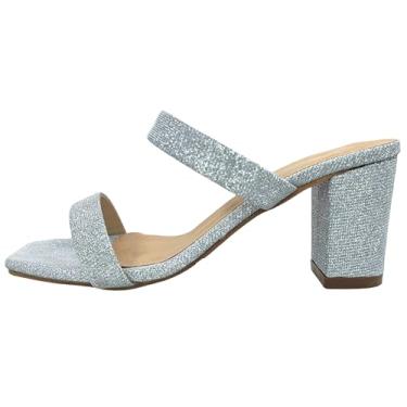 Imagem de TruFox Sapatos femininos de salto grosso, bico quadrado, aberto, confortável, com duas tiras, para formatura, festa de casamento, Prata, 38