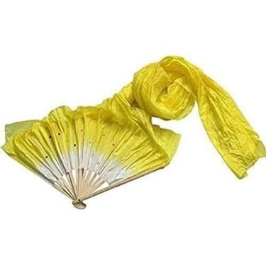 Imagem de Leque de seda de dança, fã de dança do ventre 1,8 m feito à mão colorido dança do ventre leques de seda longos véus fãs de dança do ventre acessórios (amarelo)