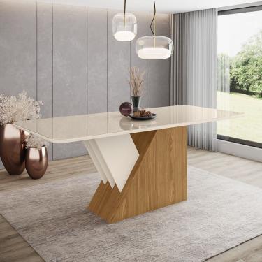 Imagem de Mesa Com Vidro Com Canto Arredondado 200 Cm Lucena Henn Nature Com Off White
