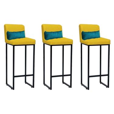 Imagem de Kit 03 Banqueta Alta Com Encosto Industrial Ferro Preto Suede Amarelo E Almofada Azul Turquesa