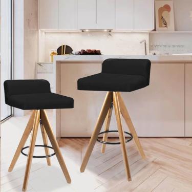 Imagem de Kit 02 Banqueta Alta Com Encosto Giratória Aurea Madeira Balcão Bistrô Cozinha Sintético Preto