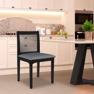 Imagem de Cadeira Sala De Jantar Madeira Maciça Steve Tela Rattan Sextavano Linho Cinza-ébano G55 - Gran Belo