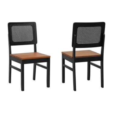 Imagem de Kit 2 Cadeiras Madeira Maciça Lyon Encosto Telinha - Preto Assento Ripado Amêndoa