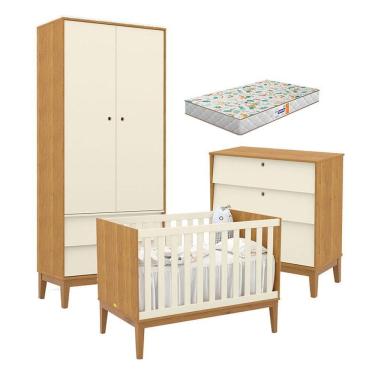 Imagem de Quarto De Bebe Unique 2 Portas Com Cômoda Gaveteiro Freijó Off White Eco Wood E Colchão Gazin - Matic