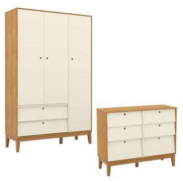 Imagem de Cômoda 6 Gavetas E Guarda Roupa Unique 3 Portas Freijó Off White Eco Wood - Matic