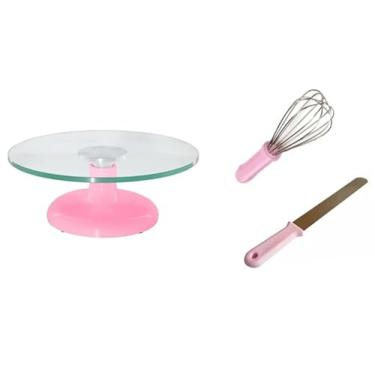 Imagem de Bailarina Giratória De Vidro P/Confeitar Rosa Claro + Espátula Lisa E Fuê Batedor de Bolo