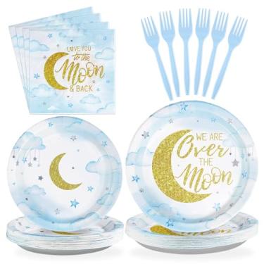 Imagem de Grencian 96 Pcs Over The Moon Baby Shower Decorations Plates Pastel Blue Moon Tableware Set We Are Over The Moon Baby Shower Supplies Plates Napkins for Boys Gender Reveal Twinkle Little Star Decor