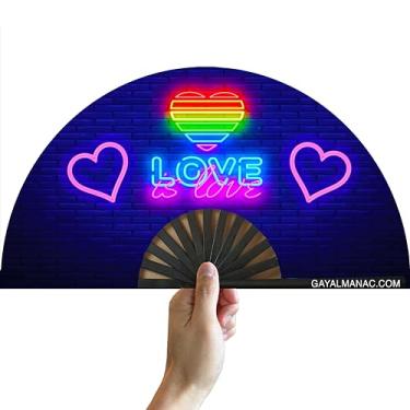 Imagem de PandaTak Ventoinhas dobráveis de orgulho gay, leque de bambu grande engraçado de 33 cm com tinta reativa UV, para festas de circuito LGBTQ, festivais EDM e raves (Love is Love)