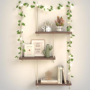 Imagem de REFGY Prateleiras Suspensas Para Parede Com Luzes De Videira, Prateleira Plantas Corda 3 Níveis, Decoração Boho Suculentas Estéticas, Quarto, Sala Estar, Banheiro (Marrom Rústico)