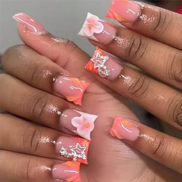 Imagem de RTKHFZE 24 Peças Unhas Postiças Médias De Pressão, Ponta Francesa Laranja Com Pingentes, Estrelas E Flores, Cola Acrílica Cobertura Total Brilhante Para Mulheres Meninas