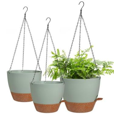 Imagem de Lucieblessdesign Vasos suspensos para ambientes internos e externos 25 cm, pacote com 3 potes de auto-irrigação com orifícios de drenagem, cestas de plantador de flores com bandeja removível (verde + marrom)
