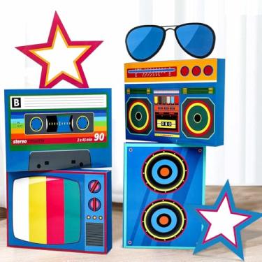 Imagem de Weekgrat 7 Peças Grandes Decorações Para Festa Dos Anos 80 E 90, Conjunto De Lembrancinhas Hip Hop 3D, Caixas Papel Com Som Cassete Temas Retrô Aniversários, Música Decoração Neon
