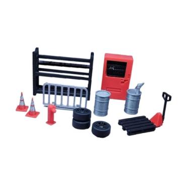 Imagem de Generic Diorama 1/64 Ferramentas de manutenção de garagem Modelo de cena de exibição Tambores de óleo Rack Cones de trânsito 13 peças/conjunto Móveis Pneus