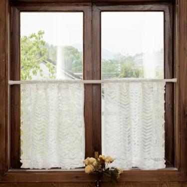 Imagem de Cortinas de renda branca para café 76 cm de comprimento, 2 painéis, listras onduladas e chiques, cortinas de renda curtas para janelas pequenas, cortina de janela de cozinha transparente bordada com