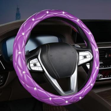 Imagem de Capa de volante de diamante com strass de cristal para acessórios interiores de carro, antiderrapante, couro sintético, ajuste universal automático de 38 cm (roxo)