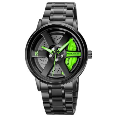 Imagem de Relógio de pulso masculino criativo 3D giratório com roda de carro, design de cubo de aro, moderno, quartzo, elegante, com pulseira de aço inoxidável, presentes para entusiastas de carros, Verde U