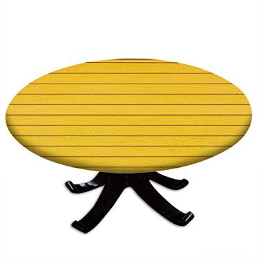 Imagem de Toalha de mesa redonda de madeira, estampa de textura de prancha de madeira, borda elástica, impermeável e limpável, adequada para festas de cozinha de restaurante, adequada para mesa de 122 cm