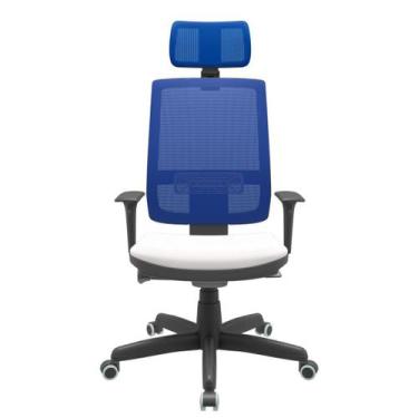 Imagem de Cadeira Office Brizza Tela Azul Com Encosto Assento Vinil Branco Autoc