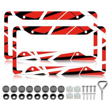 Imagem de LIN KANG Molduras de placa de licença com listras vermelhas pretas e brancas - pacote com 2 capas de suporte de placa de licença de metal de alumínio, acessórios de carro, à prova de ferrugem, à prova