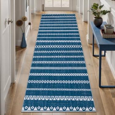 Imagem de SERISSA Tapete Marroquino Lavável 5 x 15 cm, Tapete Azul Branco para Corredor, Tapete Antiderrapante, Tapete Geométrico Dobrável, Tapetes Baixos para Cozinha, Corredor, Quarto, Sala de Jantar