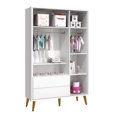 Imagem de Dormitório Infantil Theo Retrô 3 Portas, Cômoda, Berço com Pés Amadeirado e Colchão - Reller Móveis Branco Fosco