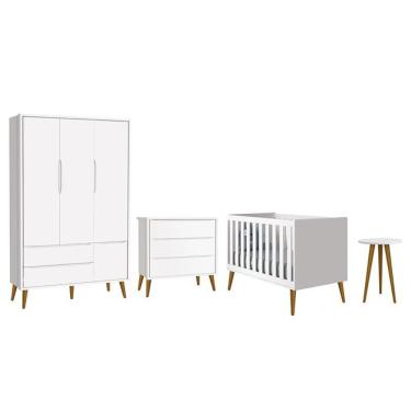 Imagem de Dormitório Infantil Theo Retrô 3 Portas, Cômoda, Berço e Mesa de Apoio com Pés Amadeirado - Reller Móveis Branco Fosco