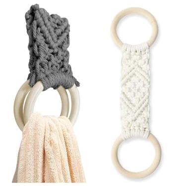 Imagem de Huakaile 2 peças de suporte de toalha de crochê de cozinha, cabide de toalha de prato de macramê feito à mão para balcão de cozinha forno de Natal (bege, cinza)