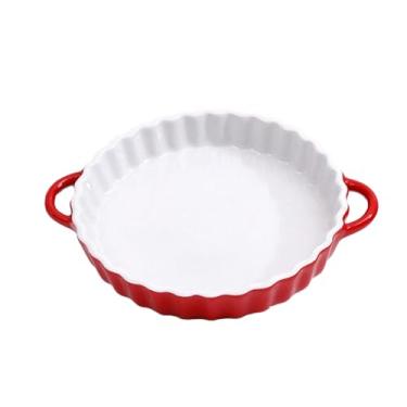 Imagem de Prato de pizza de orelha dupla com borda ondulada listrado prato de comida ocidental para uso doméstico - branco por dentro e vermelho por fora