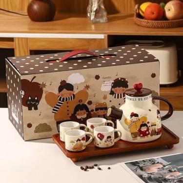 Imagem de Scizorito Conjunto de chá de porcelana, estampa de desenho animado fofo, um pote e quatro xícaras, adequado para reuniões de família, aniversários, dia das mães, Natal (família)