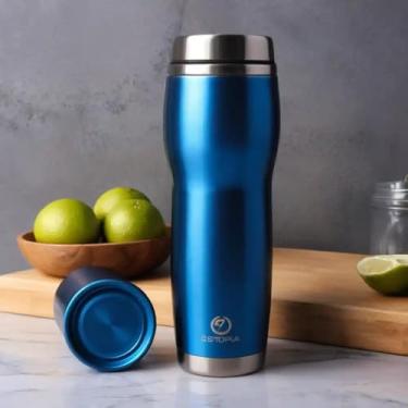 Imagem de Copo Térmico Parede Dupla em Aço Inox Azul 500ml com Tampa Flip - Estilo Esportivo