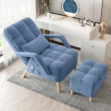 Imagem de Sofá Cadeira De Quarto, Almofada Macia E Otomano, Poltrona Moderna Com Cadeira Reclinável De Travesseiro, Cadeira Lateral Da Sala De Estar Com Assento E Pernas De Madeira, Cadei, Blue