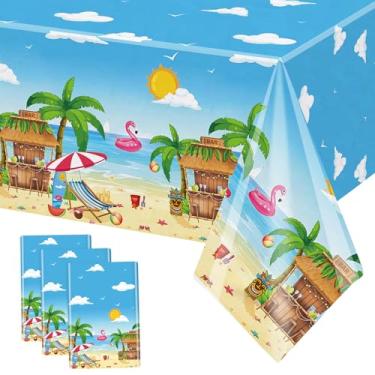 Imagem de MEHOFOND 3 toalhas de mesa de plástico de praia de verão, céu azul, nuvens brancas, toalha de mesa descartável, festa na piscina havaiana, toalha de mesa para prancha de surf flamingo, decorações de