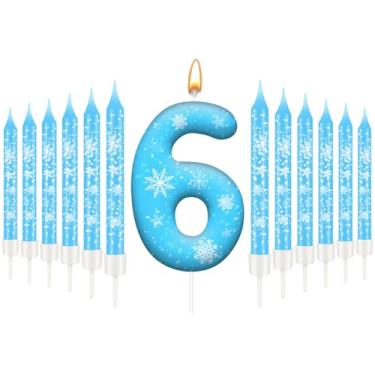 Imagem de Conjunto de 13 velas de aniversário com tema de Frozen branco e azul - velas com números azuis, decorações temáticas de floco de neve, suprimentos de festa para meninas (número 6)