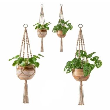 Imagem de Lvory Cabides para plantas de macramê branco, cesta decorativa de juta, suporte decorativo para vaso de flores, corda com borlas, sem contas, para decoração de interiores e exteriores, 4 pernas de 101
