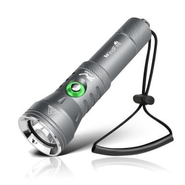 Imagem de WINDFIRE Lanterna de mergulho com luzes de mergulho, luz de flash impermeável de alta potência com indicador de energia, 4 modos, ângulo de feixe de 12°, lanterna subaquática para mergulho (cinza)