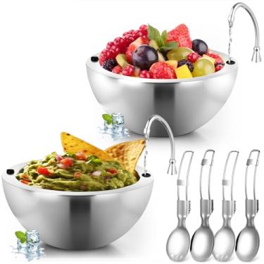 Imagem de LemonRoad Pacote com 2 tigelas geladas de 473 ml, tigela de aço inoxidável, de parede dupla, com 2 colheres de garfos, prato de servir frio para festas de húmus, salsa, guacamole, molhos, macarrão