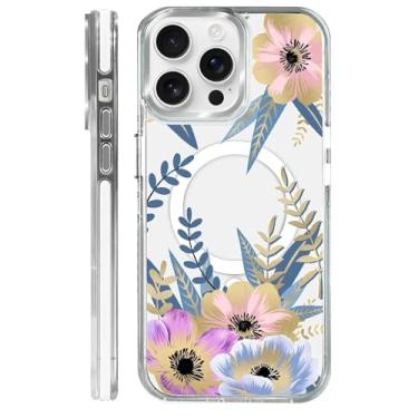 Imagem de Yuning419 Capa para iPhone 14 Pro Max, compatível com Magsafe, capa transparente com proteção total da câmera para meninas e mulheres, capa magnética protetora à prova de choque - pétala florescendo