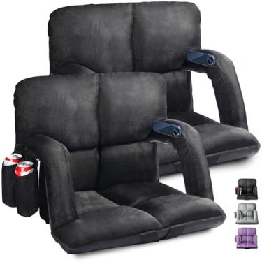 Imagem de Bancos de estádio amplos com suporte para as costas, pacote com 2 cadeiras de arquibancada com encosto e almofada, 6 posições reclináveis, cadeira de estádio com apoios de braço para eventos