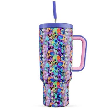 Imagem de Meoky Copo de Halloween de 1,134 g com alça e palha, copo com tampa e canudo, caneca de viagem de aço inoxidável isolada, 100% à prova de vazamento, mantém frio por 34 horas ou quente por 10 horas