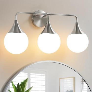 Imagem de HAHZT Luminárias de banheiro para banheiro: níquel escovado 3 luzes meados do século moderno luminárias de banheiro sobre espelho - arandela de parede com vidro globo branco leitoso para banheiro sala