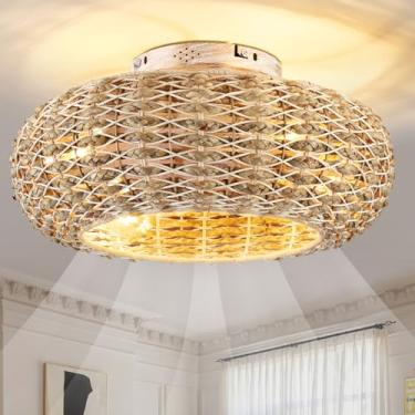 Imagem de Alaruder Ventiladores de teto com gaiola Boho com luzes embutidas, ventilador de teto de perfil baixo com controle remoto e aplicativo, ventilador de vime de 50 cm para quarto, ventilador silencioso