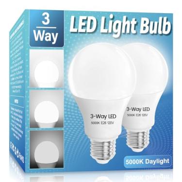 Imagem de Lâmpadas LED de 3 vias, pacote com 2, lâmpadas de 3 vias, 30, 70, 100, luz do dia, branca, 5000K, base média E26, lâmpada de três vias A19, lâmpada interna de 3 vias para leitura