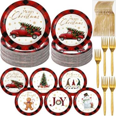 Imagem de Layhit 180 peças de pratos de papel de festa de Natal para sobremesas e decorações, conjunto de louça descartável com pratos de papel redondos, garfo dourado de plástico para festa de aniversário, 18