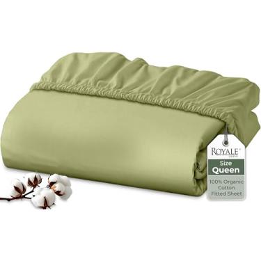 Imagem de Royale Linens Lençol com elástico 100% algodão orgânico – tecido percal – lençol de baixo com bolso profundo super macio – lençol Queen com elástico verde sálvia – somente lençol Queen – (152 x 203 cm
