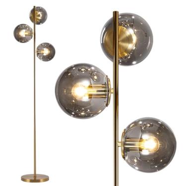 Imagem de BOKT Luminária de chão dourada de meados do século, lâmpada de pé moderna de 3 luzes com sombra de globo de vidro Smokey Gary, candeeiros de chão brilhantes para escritório, poste para sala de estar
